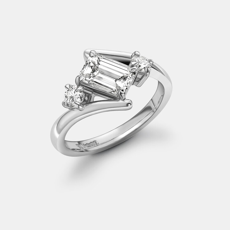 Emerald-Cut Diamond and Round Diamond Ring in Platinum